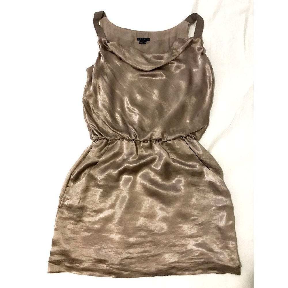 Theory Gold Silk Drape Blouson Dress S